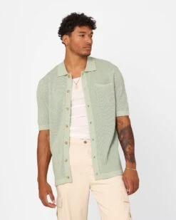 XXIII Zyair Knit Rib Button Up Shirt Sage