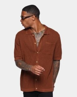 XXIII Zyair Knit Rib Button Up Shirt Brown