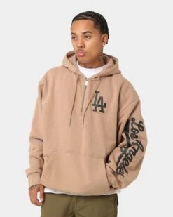 New Era Los Angeles Dodgers Quarter Zip Sleeve Script Hoodie Khaki/Black