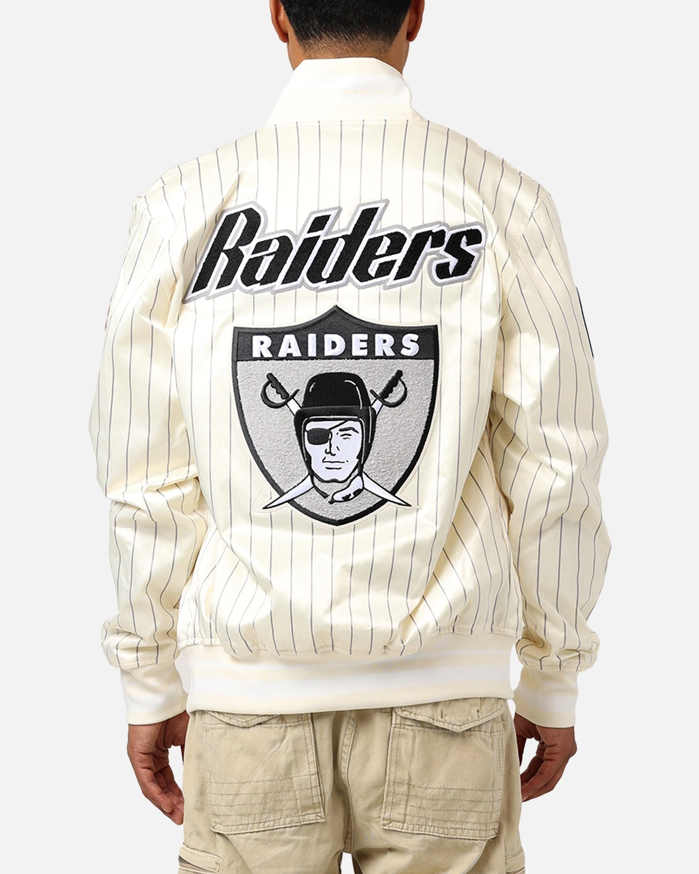 Pro Standard Las Vegas Raiders Pinstripe Satin Jacket Eggshell/Yellow 3 Pro Standard Las Vegas Raiders Pinstripe Satin Jacket Eggshell/Yellow