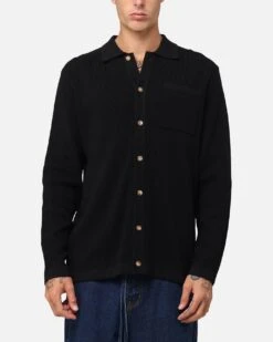 XXIII Zyair Knit Rib Long Sleeve Button Up Shirt Black