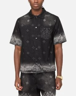 Criminal Damage Laser Print Denim Button Up Shirt Washed Black