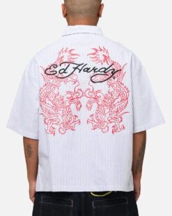 Ed Hardy Dragon Zip Shirt Blue Pin Stripe